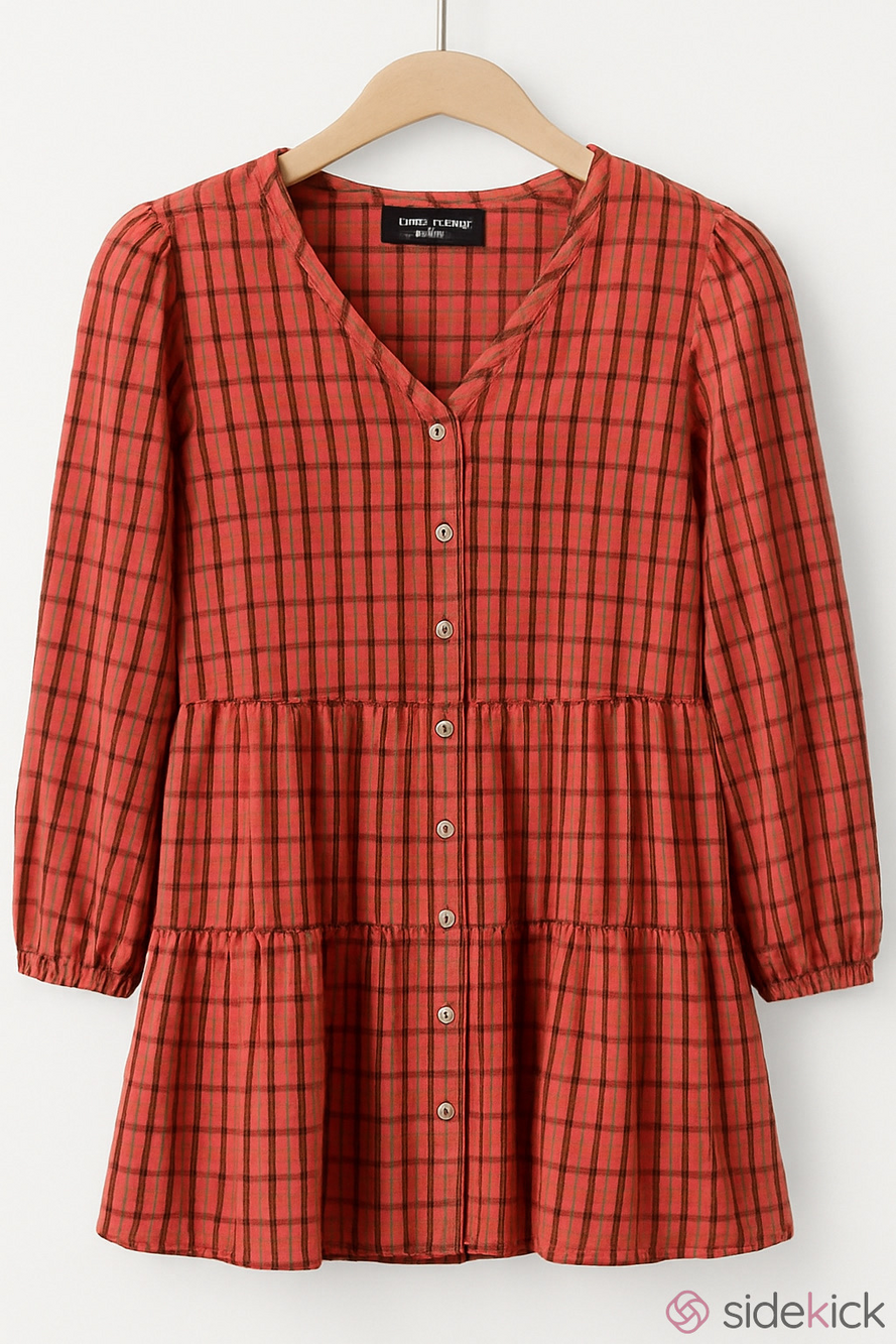 Lucky Brand Tiered Tunic Top Boho Chic button front Red Pink Plaid XL
